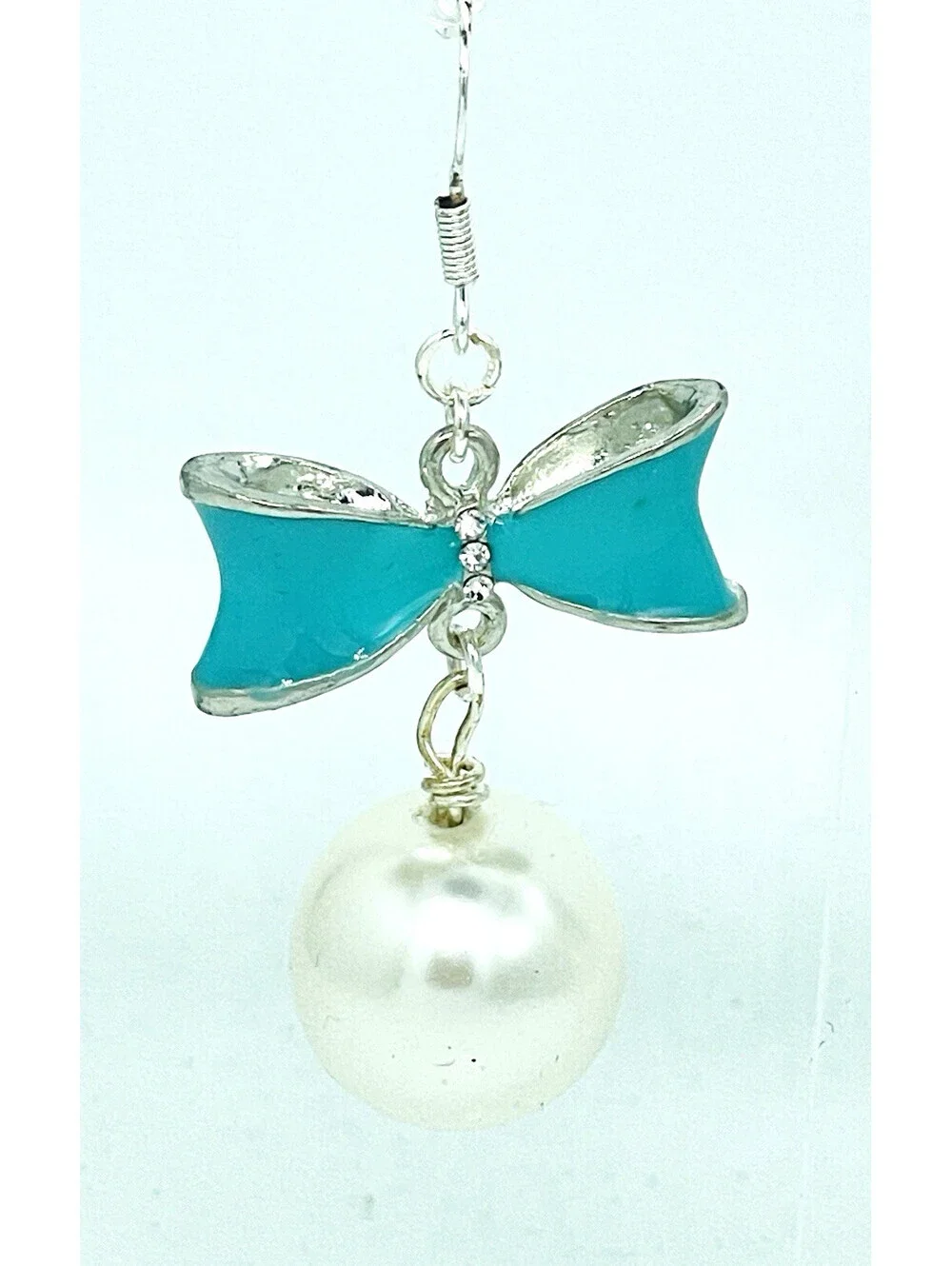 Enamel Blue Bow Large Pearl Drop Earrings Handmade French Hooks Silvertone 15mm